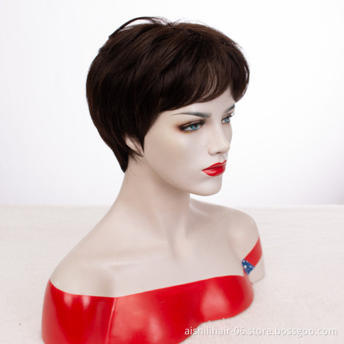 Wholesale heat resistant wig  stort dark brown fibre with natural bangs synthetic hair wig for women